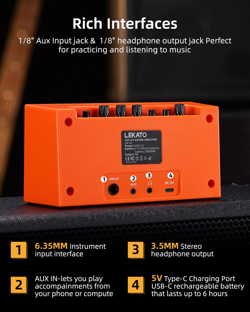 LEKATO Mini Guitar Amplifier with Clean Overdrive Effects 5W Rchargeable Electric Guitar Amp Small Bass Amplifier Bluetooth Bass Amplifier for Daily Practice,Orange Orange