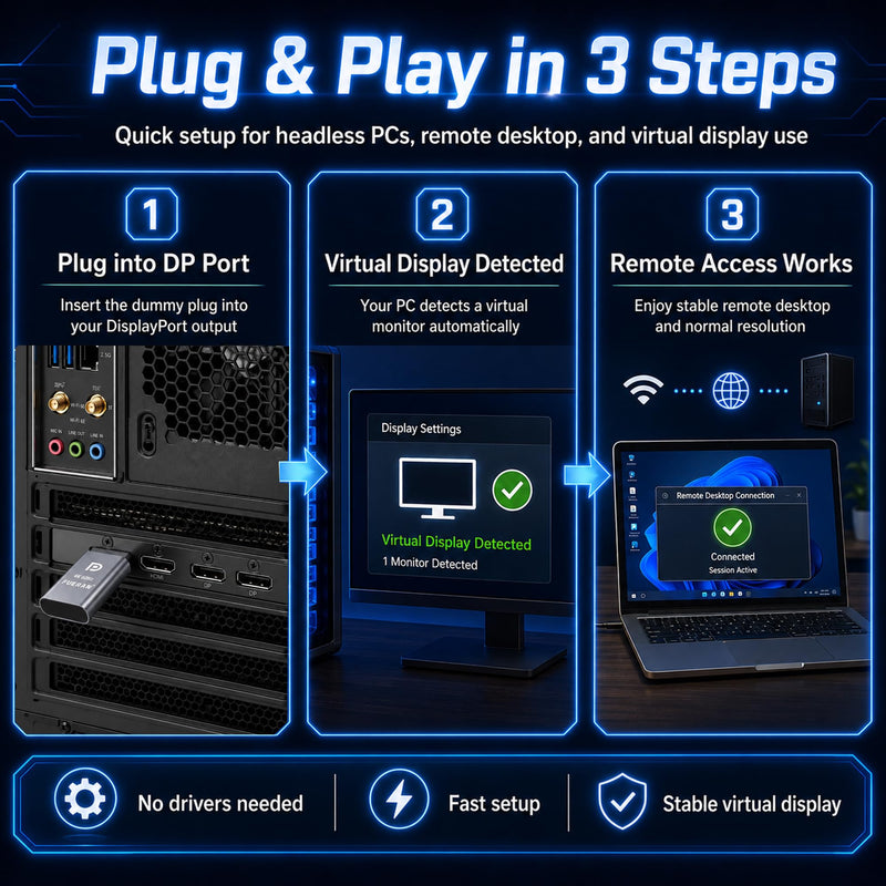 DP-4K60HZ DisplayPort Headless Ghost Display Emulator for PC DP displayport Dummy Plug-fit Headless 1080@120Hz-3840x2160@60hz FHD-Display Port Dummy Plug (DP-4K-60Hz-3P) DP-4K-60Hz-3P