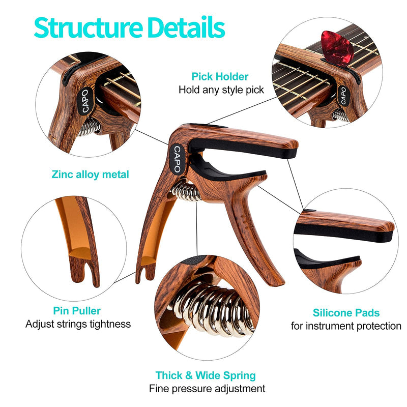 Guitar Capo, 3-in-1 multifunction capo for Acoustic and Electric Guitars (Free bonus 4 picks) with Pick Holder and Pin Puller, Guitar Accessories, wood grain color