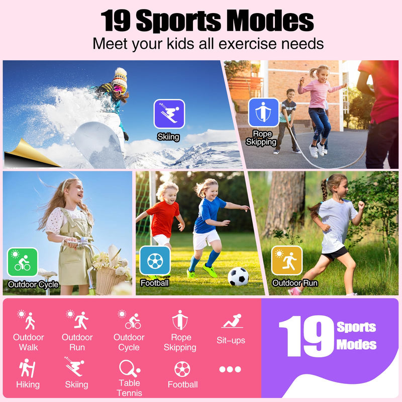 meoonley Kids Watch for Girls Boys with IP68 Waterproof, Girls Watch with 19 Sports Modes, Sleep Tracking, Pedometer, Stopwatch, Kids Activity Tracker, Birthday Gifts for Girls Age 6-15 Years Old Pink