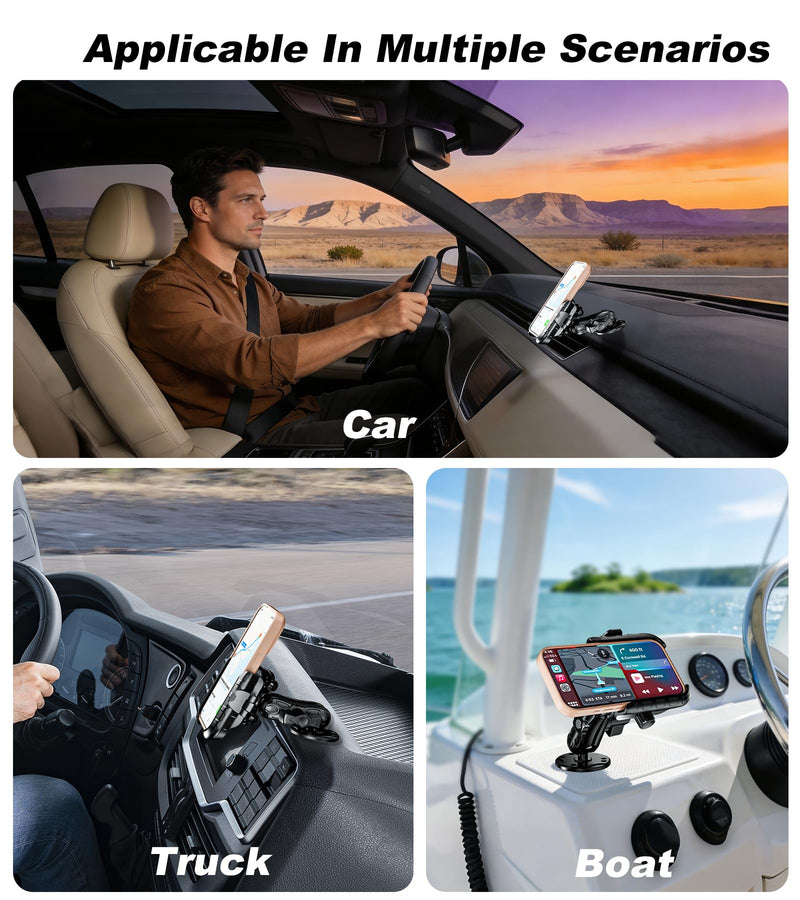 LOKTENWO Anti-Vibration Phone Mount Holder with Vibration Dampener | 1s Lock & Release Camera Friendly Aluminum AMPS Hole Round Base & Medium Arm for Car Truck UTV Boat, Fit 5.4''-7.2'' Phones