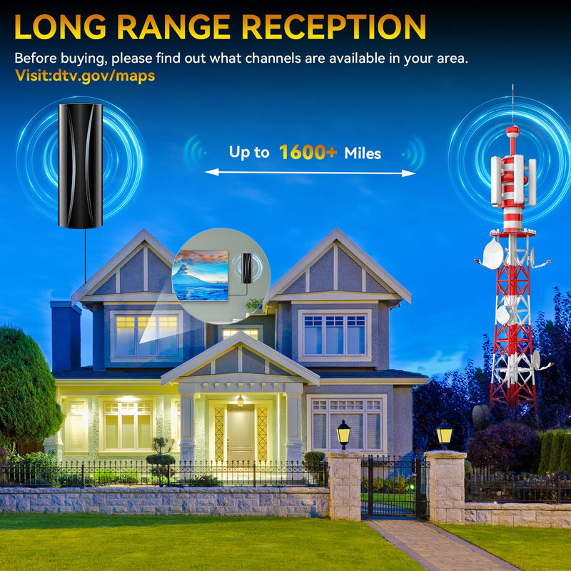 1600+ Miles Range TV Antenna, 2025 Strongest Digital TV Antenna Indoor with Amplifier and Signal Booster, Portable HD Antenna for TV Indoor for Smart TV and Old TVs-36ft Coax Cable-Support 8K 4K 1080p Black
