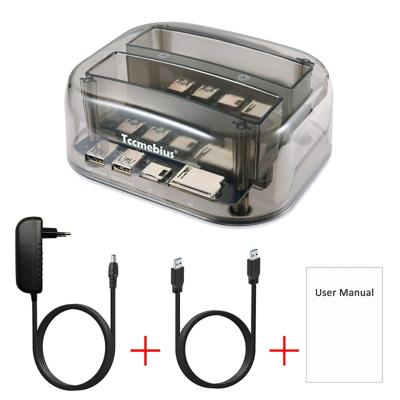 Tccmebius TCC-S865 USB 3.0 to SATA IDE Dual Slots External Transparent Hard Drive Docking Station with Card Reader and 2 Ports USB 3.0 Hub for 2.5 3.5 Inch IDE SATA I/II/III HDD SSD