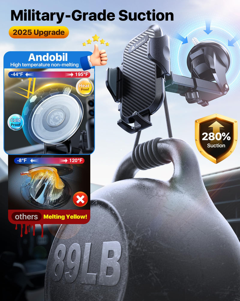 andobil Car Phone Holder, 2026 Military-Grade 89lbs Strongest Suction Phone Holders for Your Car Dashboard/Windshield/Vent Easy Clamp Car Phone Mount Stand for iPhone 17 16 15 14 13 Pro Max Samsung Black