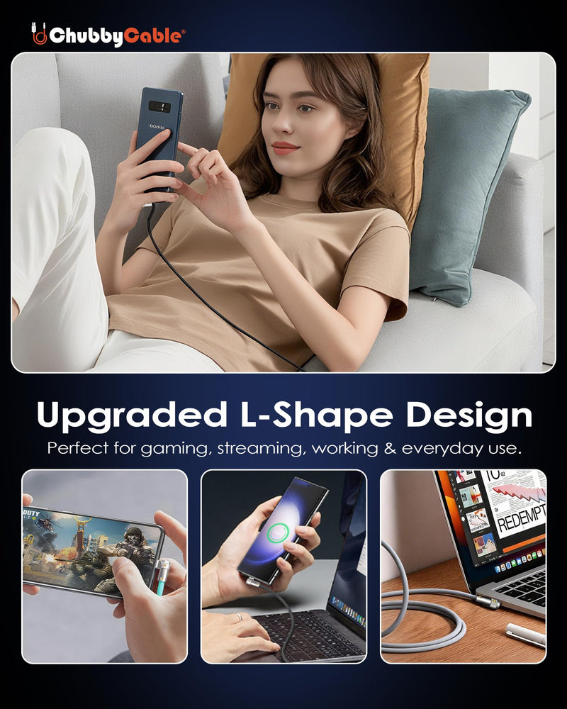 chubbycable 240W Charging Cable 90° USB C to C Cable, Black, 19.6FT | Right Angle USB C Cable, 45,000+ Bend Tested, 480Mbps Data Transfer, E-Marker Safety Chip, 6mm Extra Thick, Tangle-Free 19.6ft (6m) Type C-Type C