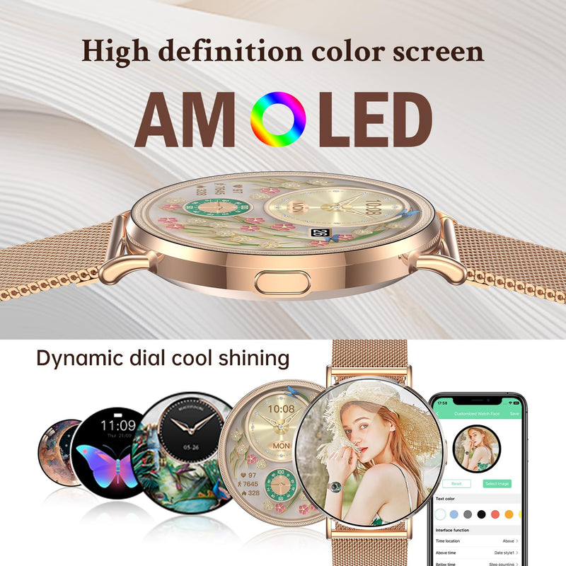 Smart Watches for Women, Rose Gold 41mm Ultra-Slim Dressy Watch | Bluetooth calls, 1.32" AMOLED, lightweight metal band; less bulky on smaller wrists, compatible with iPhone and Android