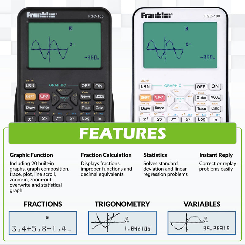Franklin Scientific Graphing Calculator with 3 Operating Modes - Scientific Calculator Includes 20 Built-in graphs - Ideal for Beginner and Advanced Courses with Protective Cover - Black