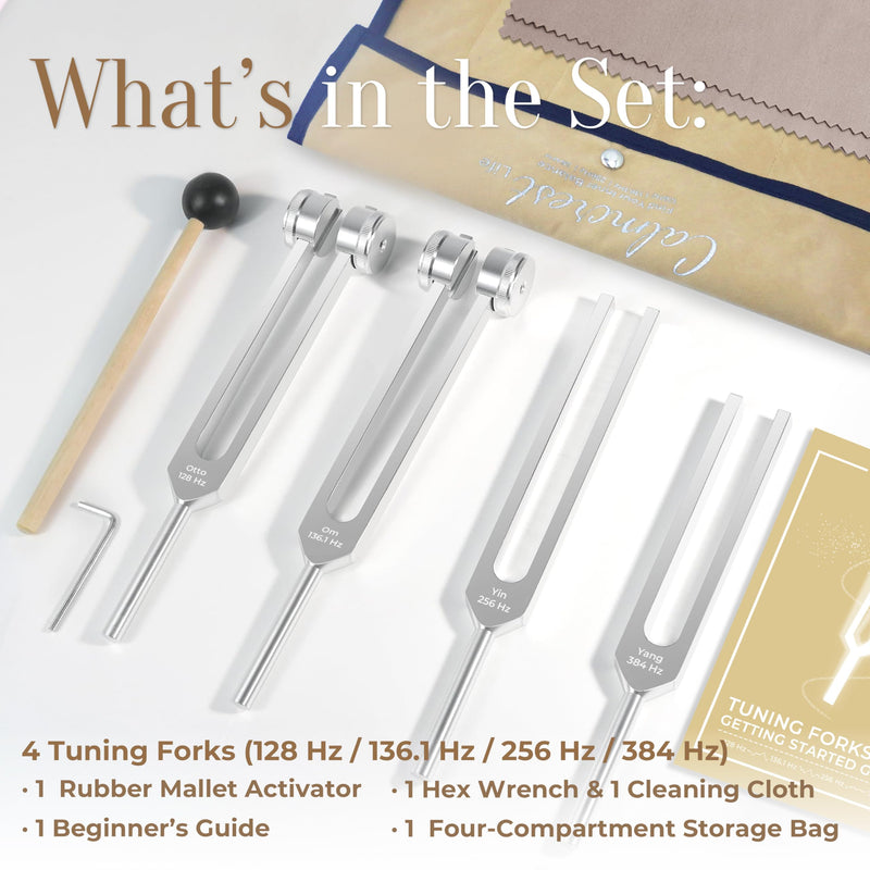 Tuning Forks for Healing Set (128Hz, 136.1Hz, 256Hz, 384Hz) - Weighted & Unweighted Tuning Forks with a Rubber Mallet - Chakra Sound Therapy Instruments with a Bag, Healing Gifts for Women & Men (10) 10