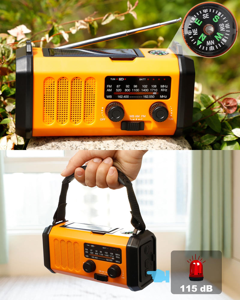 48100mWh/13000mAh Emergency Weather Radio, 4 Way Powered AM/FM/NOAA Portable Solar Crank Radio, Dynamo Phone Charger,700LM LED Flashlight/Reading Lamp,SOS,Compass for Hurricane Storm Camping Survival 13000mAh（Orange)
