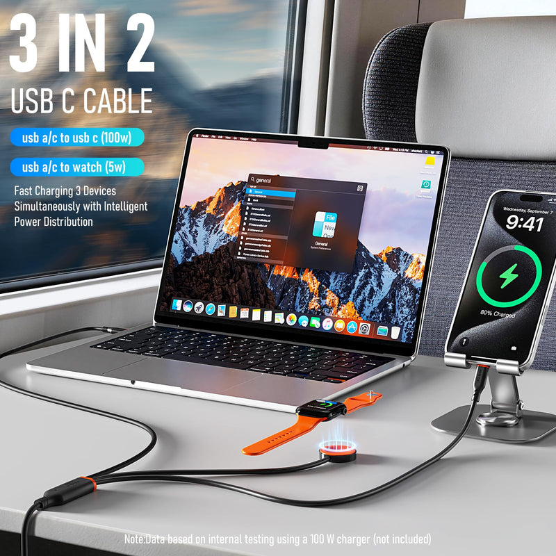 Travel Essentials 3 in 2 Multi Charging Cable 100W USB A/C to Dual USB C/for Apple Watch Charging Cable Silicone Fast Charge Compatible with iPhone 17-15 Series iPad MacBook, Type-C Devices 5FT-Black Black