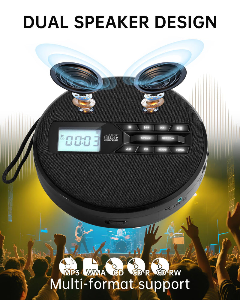 [AUSTRALIA] - CD Player Portable with Speakers - Rechargeable Personal CD Player for Car and Home, Small Fabric Music Player with Backlit Display, Anti-Skip, AUX/USB Port - Ideal for Audiobooks & Gifts Black 
