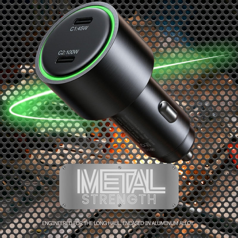 Esoulk145W USB C Car Charger Dual Port Cigarette Lighter Phone Charger | 145W fast dual USB-C car charger, includes 6ft 100W braided USB-C cable, charges 2 phones, tablets, or laptops.