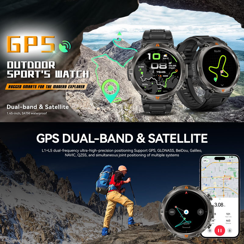 Military Smart Watches for Men Built-in GPS LED Flashlight Smartwatch | Rugged Tactical Smart Watch 3ATM Waterproof Compass Calls 530mAh Battery Fitness Tracker with HR/Sleep Monitor iOS Android KE3P Black