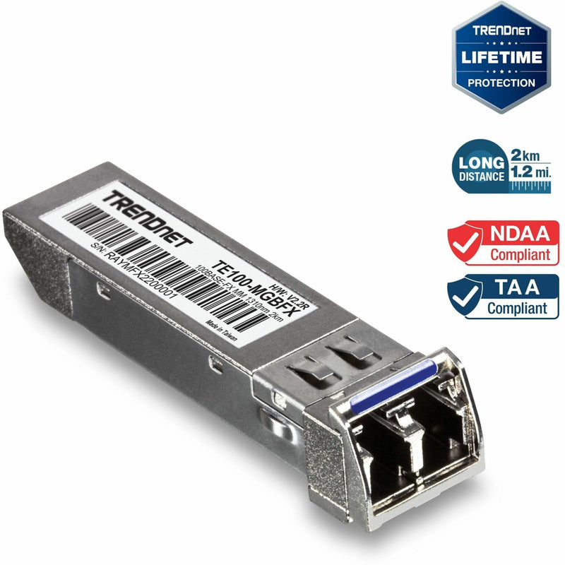 TRENDnet SFP to RJ45 100Base-FX Multi-Mode LC Module, TE100-MGBFX | Compatible with Mini-GBIC, Supports 1310 nm, Up to 155 Mbps, Hot-Pluggable, Up to 2 Km (1.2 Miles), Lifetime Protection