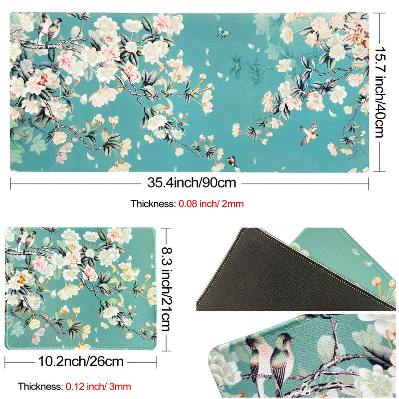 Sanfulin Multifunctional PU Leather Office Desk Pad 35.4''X15.7'' with Floral Design + Mouse Pad 10.2''×8.3''×0.12'', Extended Large Non Slip Ultra Thin Waterproof Desk Writing Mat (Chinese Flower) Chinese Flower