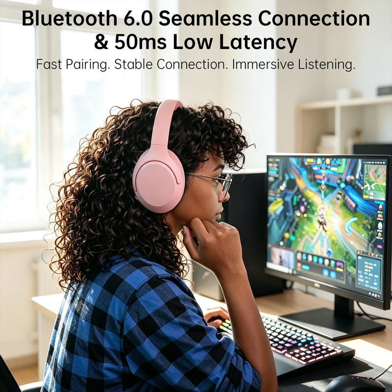 Active Noise Cancelling Headphones, 65H ANC Playtime Wireless Bluetooth | Custom EQ Headphones with Mic, Bluetooth 6.0, Hi-Res Audio, Transparency Mode, Cat Ears Headsets,Commute/Travel/Pink Pale Pink
