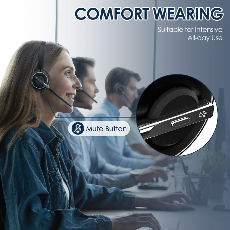 PrancyBt Upgraded Wireless Headset with Mic for Work, Bluetooth Headset with Noise Canceling Microphone with Dongle, Charging Base & Mic Mute, Wireless Headphones for Work from Home/PC/Computer