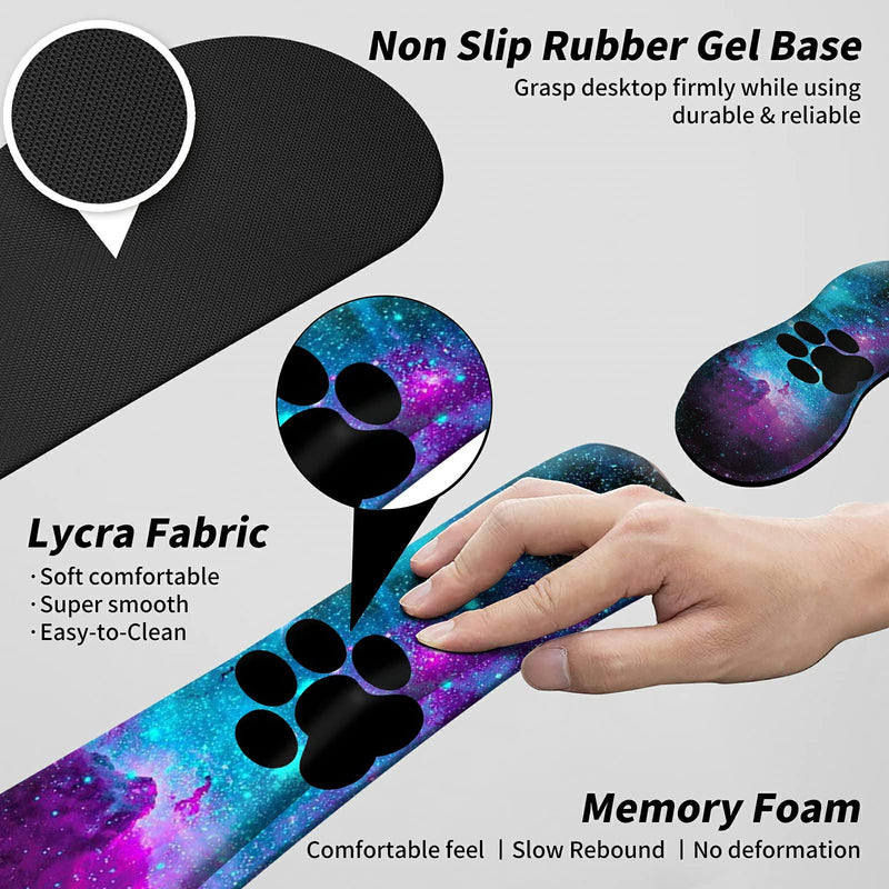 Mouse Pad Wrist Support Keyboard Wrist Rest Combo+Cup Coaster [4-in-1] , Easy Typing Pain Relief, Memory Foam Gel Elbow Cushion Mousepad Set for Computer Laptop Office Home - Paw Galaxy