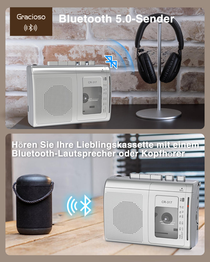 Gracioso Portable Cassette Player Recorder with Bluetooth Transmitter, AM FM Walkman Cassette Player with Headphone Jack & Big Speaker,Microphone Jack, 2*AA Battery Opearated Cassette Tape Player Silver