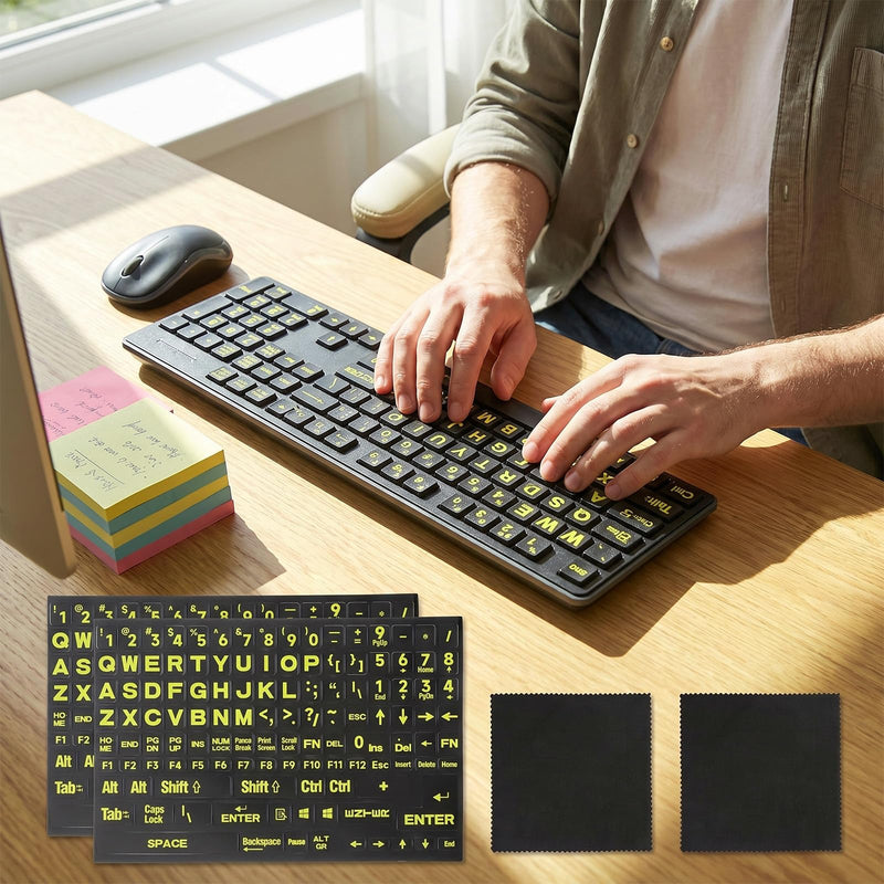 2PCS Large English Keyboard Stickers for PC Computer Desktop Keyboards | Yellow Lettering Black Background Replacement Keyboard Stickers, With 2 Cleaning Cloth
