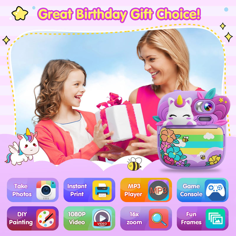 Kids Camera Instant Print, Camera for Kids with Printable Photos, Toddler Camera Toys for Children Ages 3-14, Digital Camera Birthday Gifts for Girls 4 5 6 7 8 9 10 11 12 13 Years Old - Purple