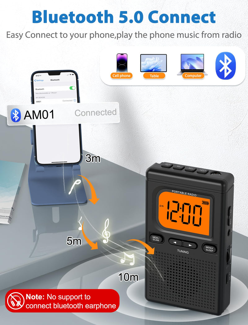 [AUSTRALIA] - 2000mAh Rechargeable AM FM Radio with Bluetooth Portable Transistor Pocket Radio with Best Reception Digital Tuning, Flashlight,LCD Screen,Earphone Jack, Sleep Timer and Alarm Clock for Jogging Black 