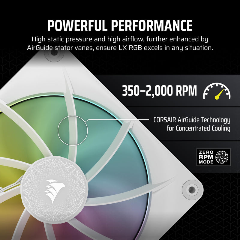 CORSAIR iCUE Link LX140 RGB 140mm PWM Fan Single Pack – Dual Light Loops – Requires iCUE Link System Hub (Sold Separately) – CORSAIR AirGuide Technology – White 1 x 140mm