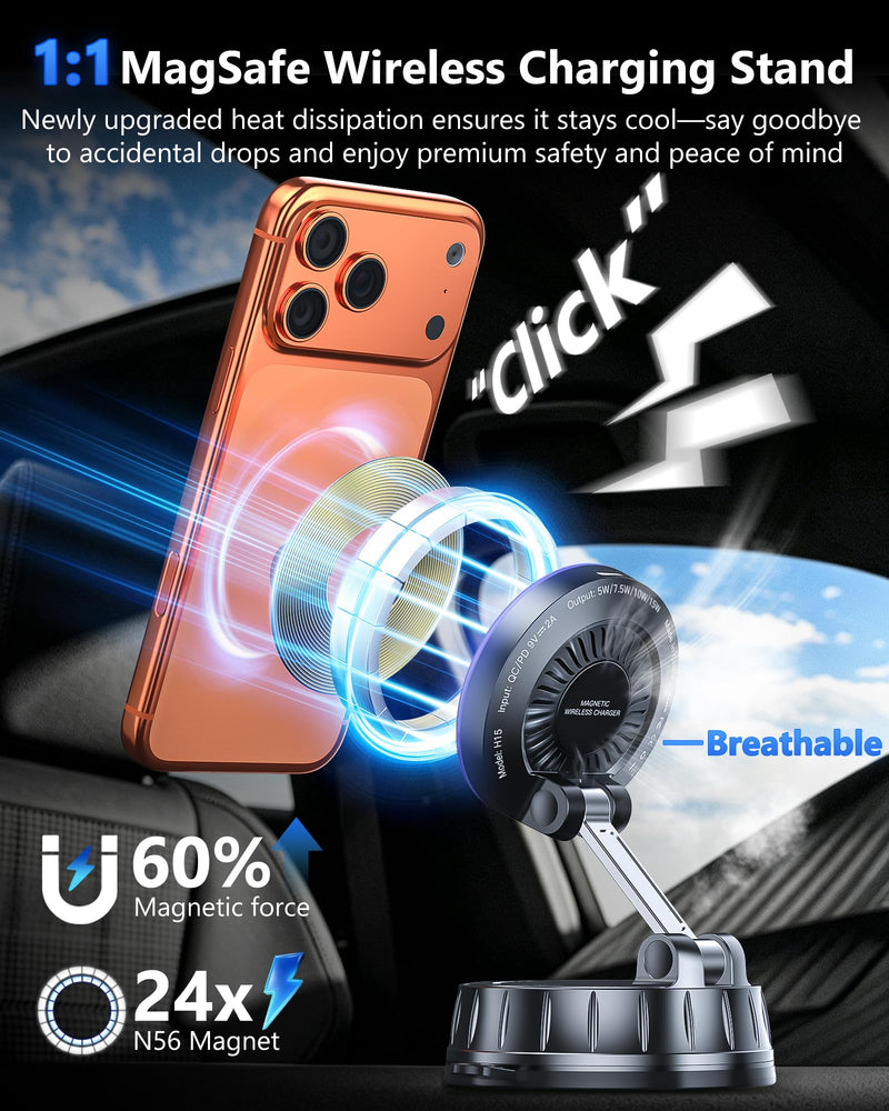 15W MagSafe Car Charger Mount, Magnetic Wireless Car Phone Holder with Dual Input Port, Vacuum Suction & Nano Adhesive Base, 360° Rotation Stable Car Charging Stand for iPhone 12-17, Samsung S26