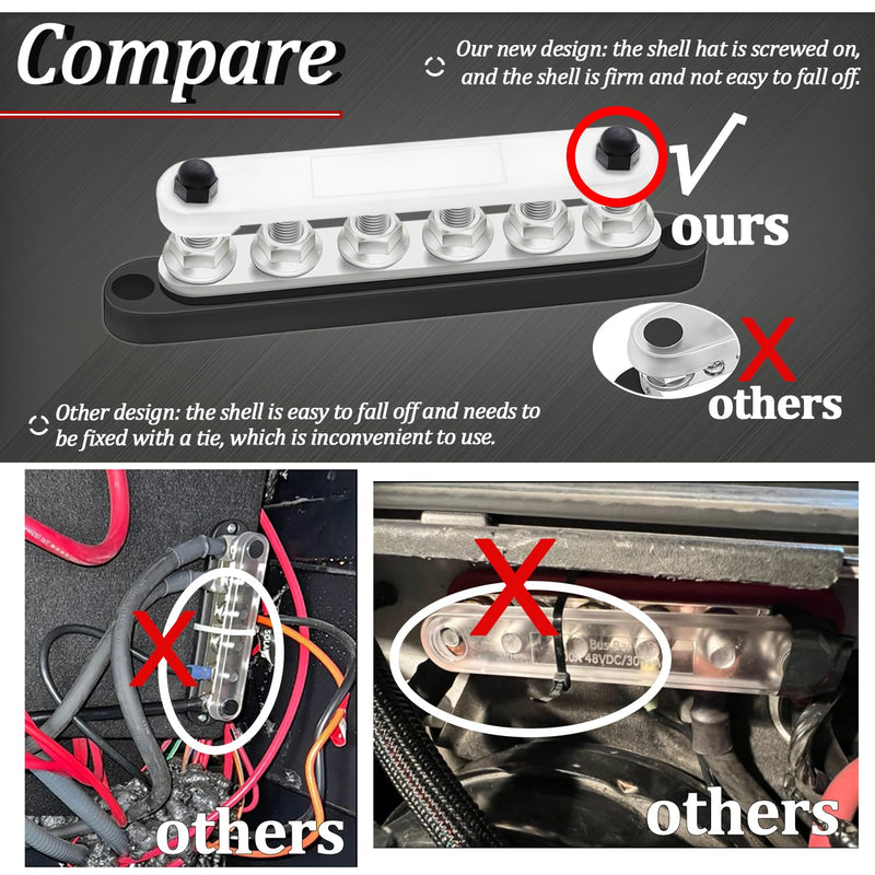250A Bus Bar 12V Marine 6 x 5/16" (M8) Terminal Studs 12V-48V Power Distribution Block with Cover,with 6PCS Battery Lugs and 6PCS Heat Shrink Tubing Busbar for Boat Automotive Car 250A 6 x 5/16" (M8)