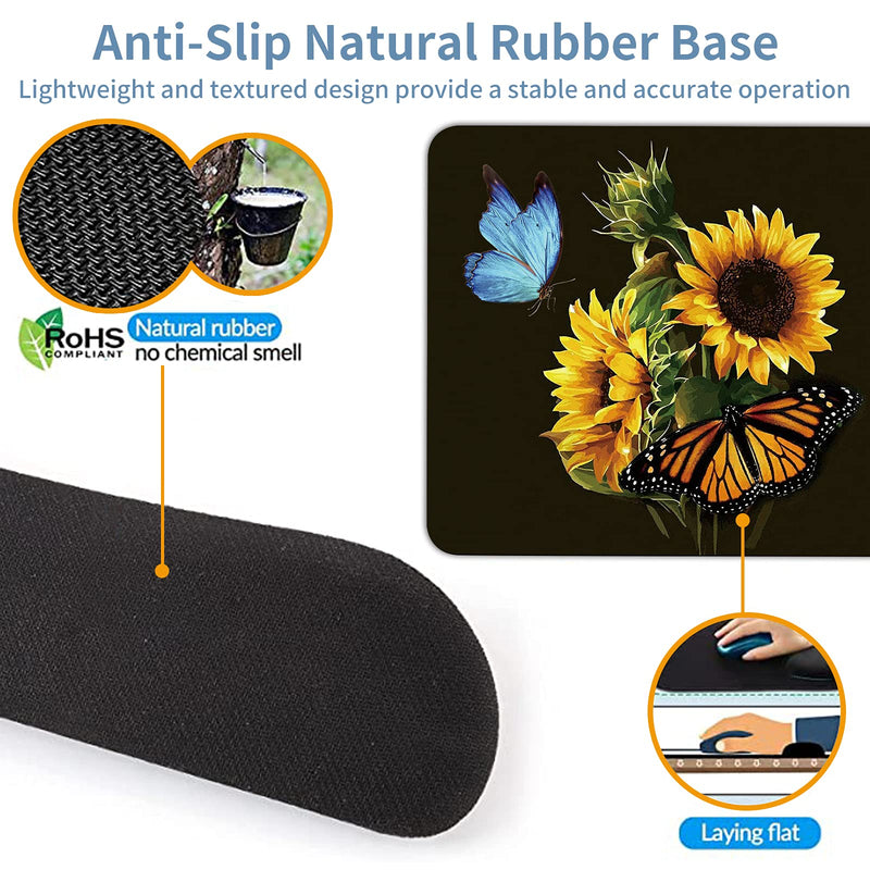 Keyboard Wrist Rest + Mouse Pad + Mouse Wrist Rest Support Set + Coaster, Ergonomic Memory Foam Mouse and Keyboard Pad Set for Laptop Computer Office Home Working Gaming, Sunflower Butterfly
