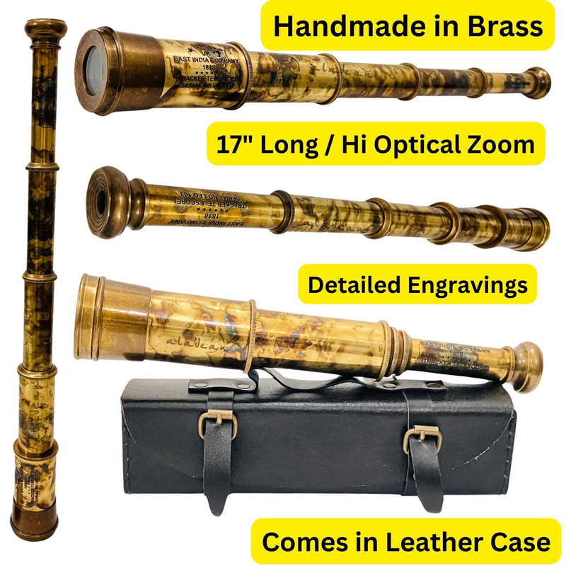 Rare Brass Telescope Spyglass - East India Company 1818 Tracker Vintage Pirate Spyglass Scope Antique Large Handstitched Leather Gift Box (BT-EIC17) BT-EIC17