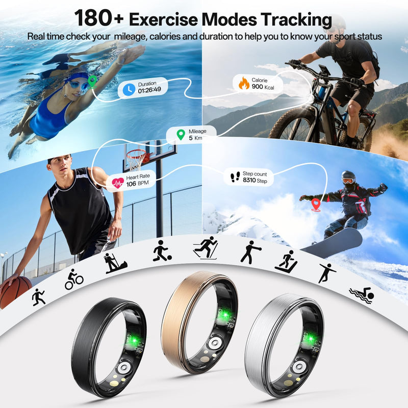 Smart Ring for Women & Men, Health Fitness Tracker Ring | Sleep Monitor/Heart Rate/Blood Oxygen/HRV/Stress/Calorie/Steps, IP68 Waterproof for iOS & Android, Free App (Black, 10#) Black 10#