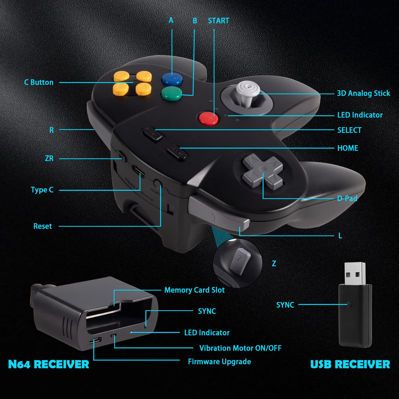 2.4 GHz Wireless N64 Switch Online Controller, USB Receiver & N64 Receiver, Compatible with Windows PC iOS Mac Raspberry Pi, N64 / Switch Online/NSO - (Rechargeable) (Plug and Play) (2 Pack) Black/Gray