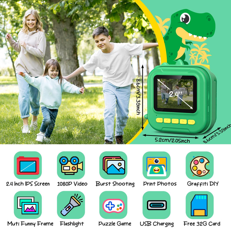 Kids Camera Instant Print,2.4 Inch Screen 12MP / 1080P HD Video Camera,3-12 Boys Girls Christmas Birthday Dinosaur Toys Gifts,Kids Instant Digital Camera Green