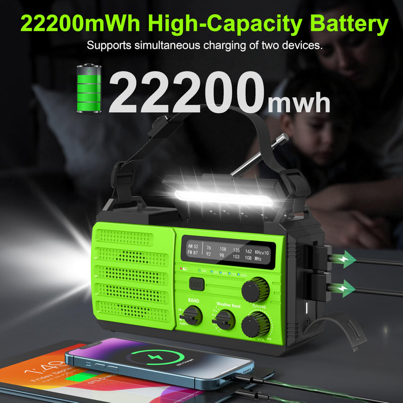 Emergency Radio with Solar & Hand Crank Radio 22200mWh (6000mAh) NOAA Emergency Weather Radio Alert, SOS Alarm, AM/FM, Hand Crank Flashlight, Compass for Tornado, Winter Storm, and Survival Kits Green