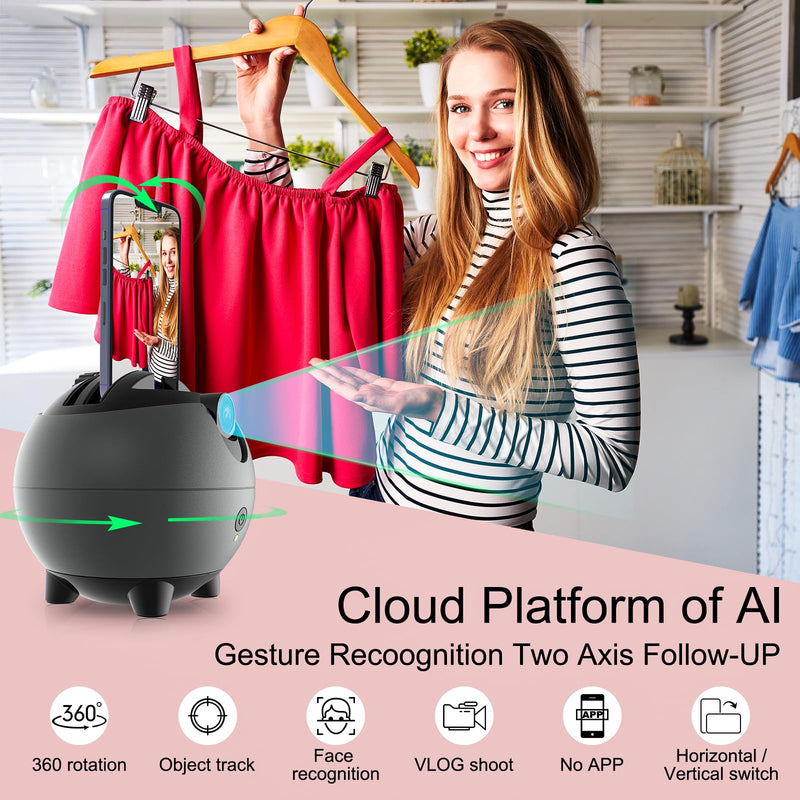 Auto Tracking Phone Holder, Auto Face Tracking Tripod, 360° Rotation Face Body Phone Tracking Tripod, AI-Powered Face Tracking,No APP Live Vlog Tiktok Video-Grey