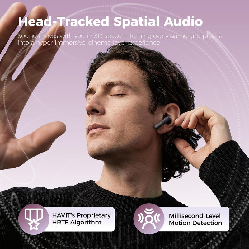 havit Space T1 Wireless Earbuds, Adaptive Hybrid Active Noise Cancelling Bluetooth Earbuds, 6-Mic AI ENC, Head-Tracked Spatial Audio, 40.5H Playtime, Semi-in-Ear Fit, Bluetooth 6.0, IP54, Black