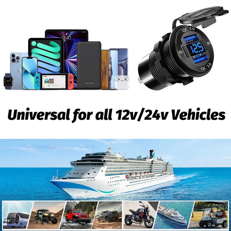 12 Volt USB Charger, 12v USB 4-Port Aluminum Alloy USB C Outlet with LED Voltmeter,Dual PD3.0 & QC3.0 for 12/24V Car Golf Cart Boat Marine Bus Truck RV Marine Motorcycle etc (Pack of Two) pack of two