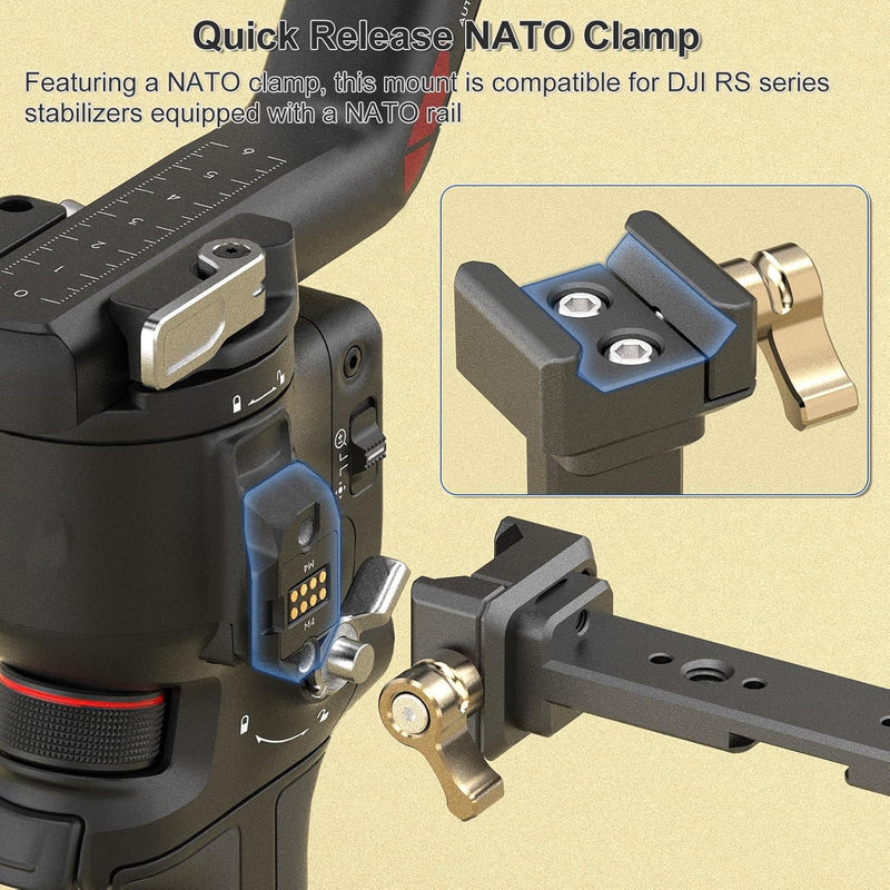 [AUSTRALIA] - Adjustable Camera Monitor Mount with Quick Release NATO Clamp, Cold Shoe Mount, 360° Rotatable Field Gimbal Monitor Holder for DJI RS 4 Mini/RS 4 / RS 4 Pro/RS 2 / RSC 2 / RS 3 / RS 3 Pro/RS 3 Mini 