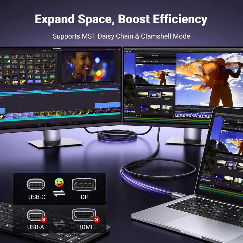 UGREEN USB C to DisplayPort 2.1 Cable 16K@30Hz 8K@120Hz 40Gbps Thunderbolt 4/3 to DisplayPort Cord Bundle with Green USB C to DisplayPort 1.4 Cable Bidirectional