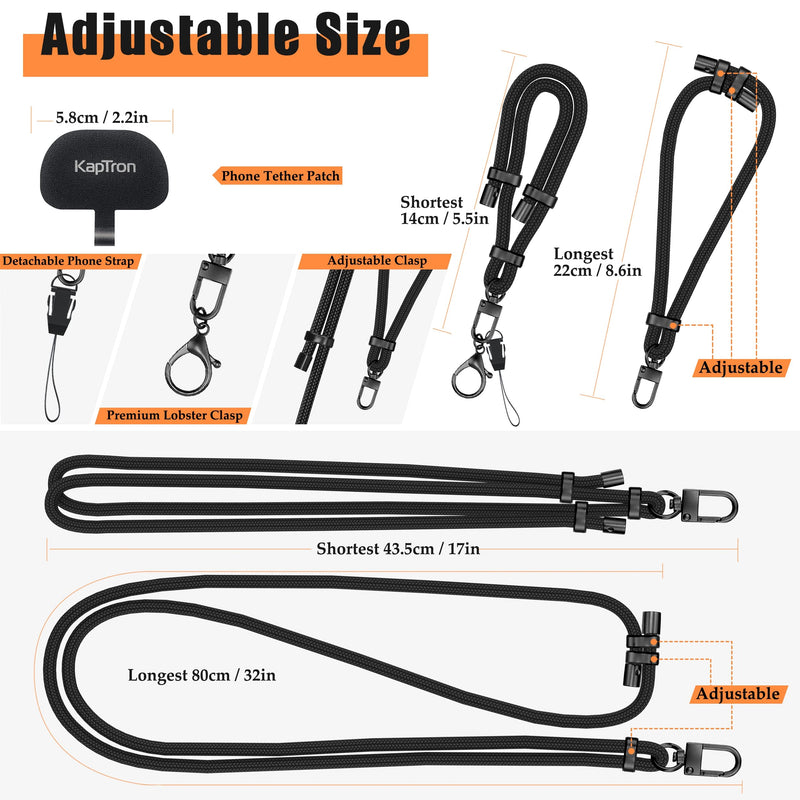 KAPTRON Universal Phone Lanyard with Wrist Strap, Adjustable Crossbody Cell Phone Lanyard Neck Strap and Wristlet Strap with 2 Lobster Clips, Phone Tether Patches and Phone Straps (Black, 2 Pack) Black