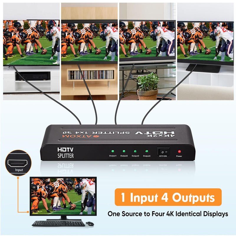 [AUSTRALIA] - HDMI Splitter 1 in 4 Out - 1x4 HDMI Display Duplicate/Mirror - Powered Splitter Full HD 1080P, 4K - One Source to Four Identical Displays 