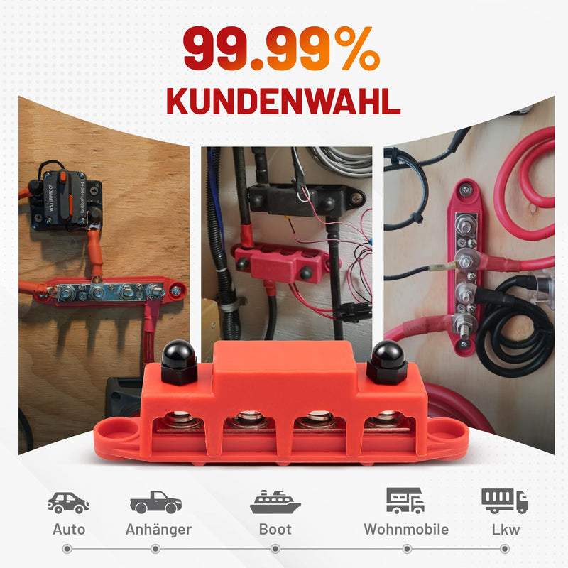 RED WOLF 250A Busbar Distribution Block 12V-48V DC, Distribution Rail with 4x M8/M10 & 3x M4 Terminal Bolts (M8)
