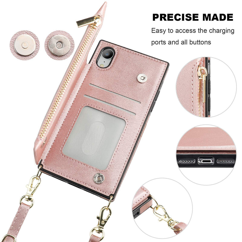 [AUSTRALIA] - Bocasal Crossbody Wallet Case for iPhone Xr with Card Holder,Zipper Card Slot Protector Shockproof Purse Cover with Removable Cross Body Strap 6.1 Inch(Rose Gold) Rose Gold For iPhone Xr 6.1 inch display 