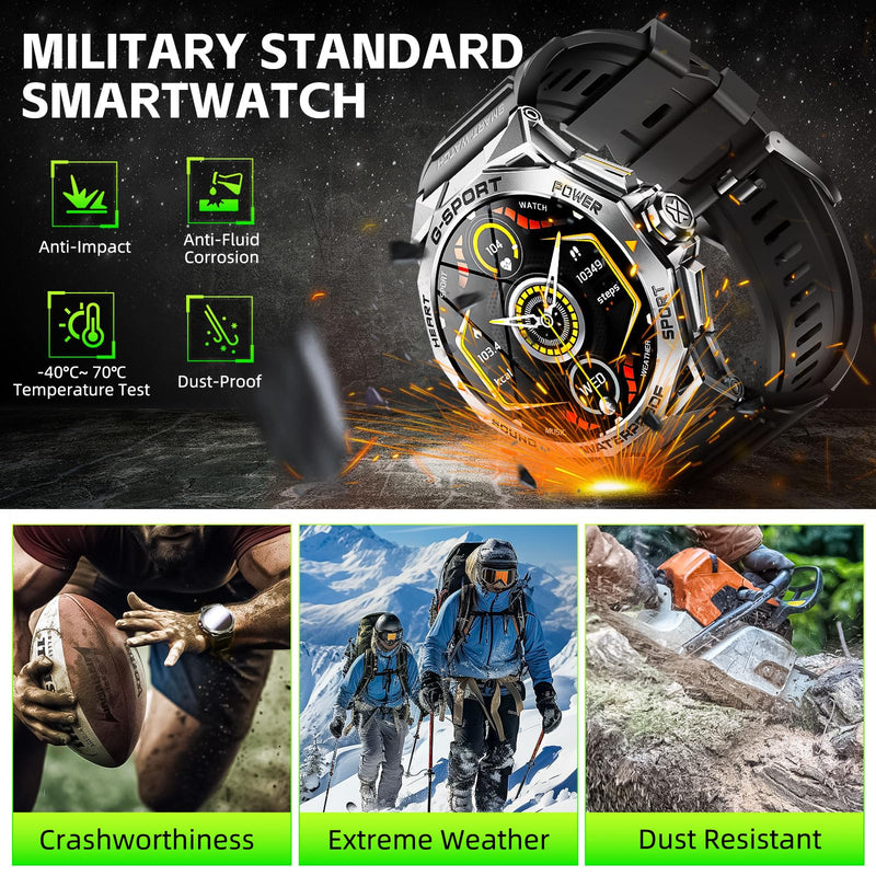 Military Smart Watch for Men with 1.43'' AMOLED Always On Display Watch | 300mAh Battery Rugged Smartwatch with Heart Rate Sleep Monitor Fitness Tracker for iPhone Android (Stainless Steel) Stainless Steel