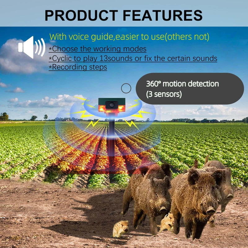 [AUSTRALIA] - HULPPRE Solar Outdoor Motion Sensor Alarm-Dog Barking&Gunshot Sound,130db Loud Noise Maker,Support Recording,13 Kinds of Sound Strobe Light with USB,Say Goodbye to The Intruders 