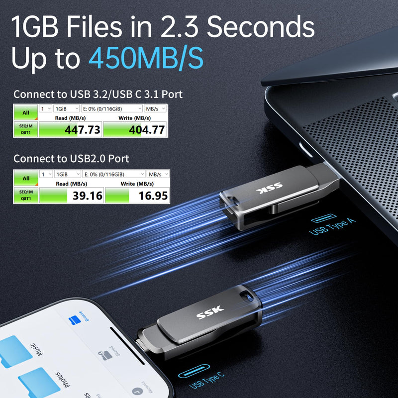 SSK 128GB Flash Drive up to 450MB/s Thumb Drive USB C+A 3.2 Memory Stick | Support OTG,Dual Connection,USB Keychain,1GB in 2.3s,2 in 1 Pendrive for iPhone 15/16/17/Android/Laptop,Zinc Alloy Keyhole