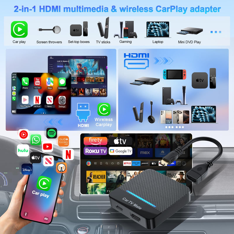 2-in-1 Car TV Mate Pro—Wireless CarPlay Adapter & HDMI Multimedia Adapter for TV Stick Converter/Game Consoles/Set-Top Box/Screen Mirroring, Plug & Play HDMI Cars T V Dongle Compatible Cars from 2016 Black1