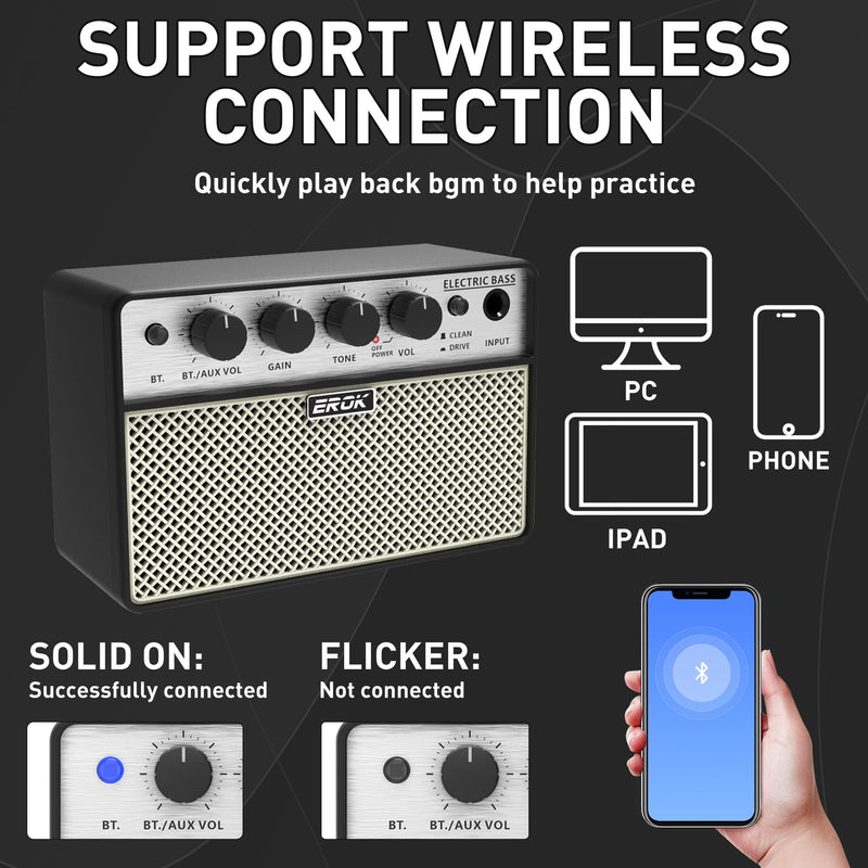 EROK Mini Bass Amp, Portable Amplifier with Clean/Drive Dual Channels, 3.5mm Headphone/AUX Input, Compact Design for Practice & Small Gigs