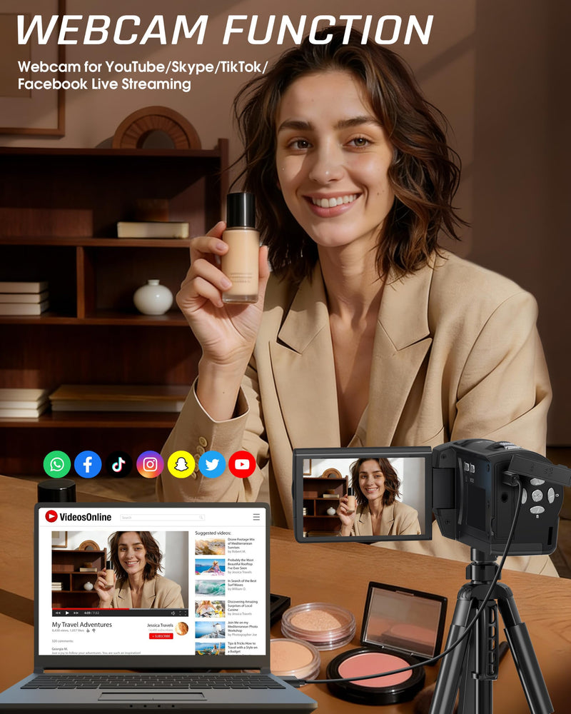 Video Camera Camcorder, QHD 2.7K 56MP 16X Digital Zoom Vlogging Camera | 2.8" 270° Rotatable Screen Camcorder, Built-in LED Fill Light Camcorder for YouTube with 32GB Card and Two Batteries Charcoal